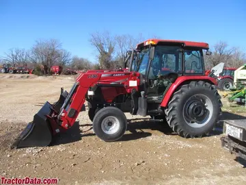 Case IH Farmall 95 con tracción en dos ruedas, cabina y cargador frontal.